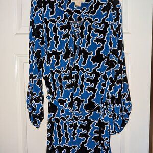 Michael Kors Belted Long Sleeve Tunic in Blue and Black with Lace Up